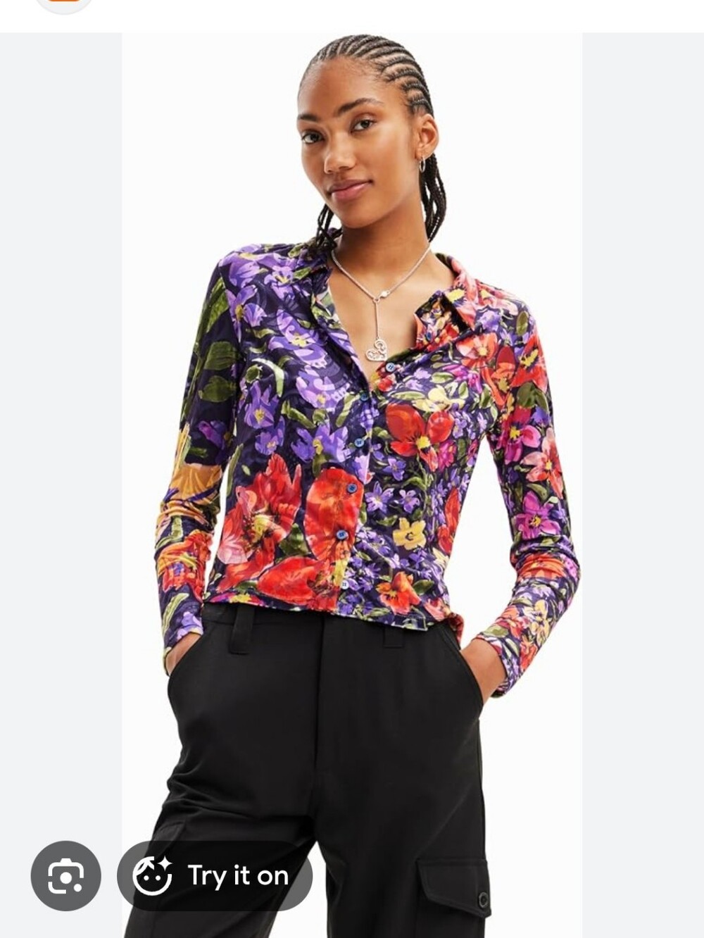 Desigual  Bertha Floral Button-Down Top in Purple, Red, Green Size M